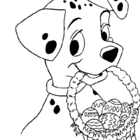 Desenho de Dálmata segurando cestinha de ovinhos da Páscoa para colorir