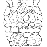 Desenho de Dois coelhinhos na cestinha na Páscoa para colorir