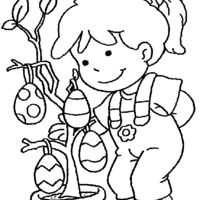 Desenho de Menina e árvore com ovos da Páscoa para colorir