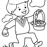 Desenho de Menino carregando cestinha com ovos de Páscoa para colorir