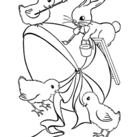 Desenho de Pintinho e coelho preparando ovo de Páscoa para colorir