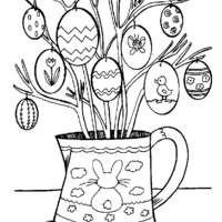 Desenho de Regador com árvore cheia de ovos de Páscoa para colorir