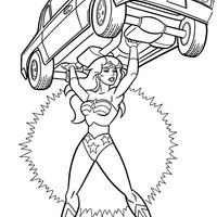 Desenho de Mulher Maravilha levantando carro para colorir