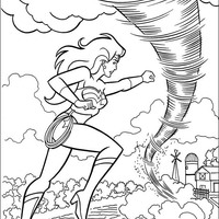 Desenho de Mulher Maravilha lutando contra tornado para colorir