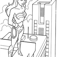 Desenho de Mulher Maravilha no edifício para colorir