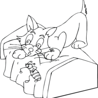 Desenho de Gato vendo bichinho na cama para colorir