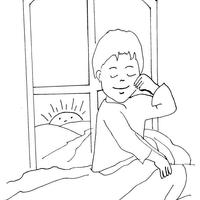 Desenho de Menino acordando na cama para colorir