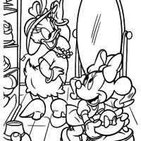 Desenho de Minnie Mouse e Margarida na loja de chapéus para colorir