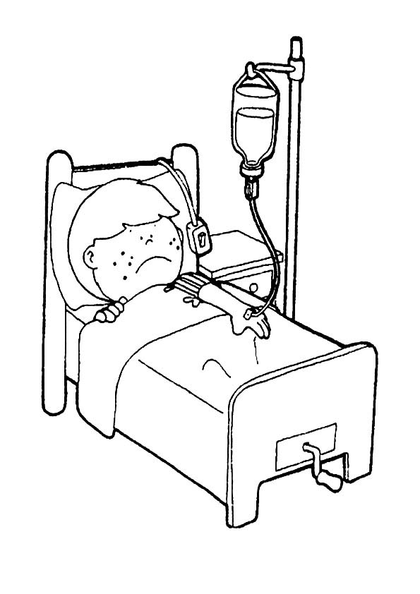 Desenho de Menino na cama do hospital para colorir