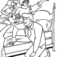 Desenho de Turma do Scooby Doo procurando pista na cama para colorir