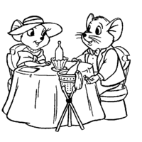 Desenho de Bernardo e Bianca jantando em restaurante para colorir