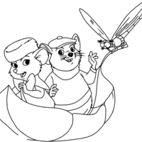 Desenho de Bernardo e Bianca navegando sobre folha para colorir