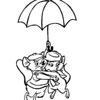 Desenho de Bernardo e Bianca sobrevoando com guarda-chuva para colorir