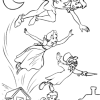Desenho de Peter Pan e crianças voando para colorir
