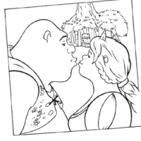 Desenho de Shrek e Fiona se beijando para colorir
