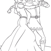Desenho de Shrek e princesa Fiona dançando para colorir