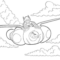 Desenho de Hiro Hamada voando em Baymax para colorir