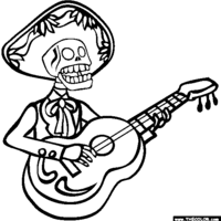Desenho de Esqueleto tocando violão para colorir