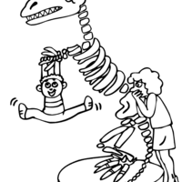 Desenho de Menino brincando com esqueleto de dinossauro para colorir