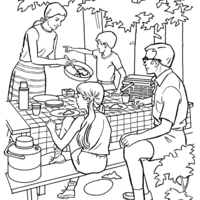 Desenho de Família comendo no acampamento para colorir