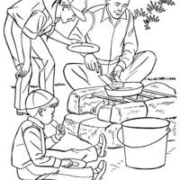 Desenho de Família cozinhando no acampamento para colorir