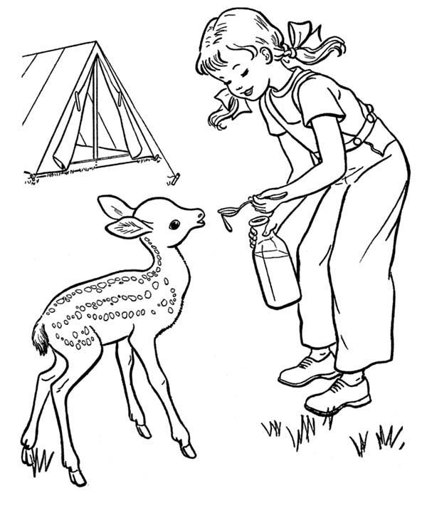 Menina e bambi no acampamento