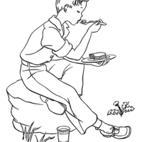 Desenho de Menino comendo marmita para colorir