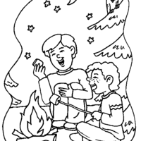 Desenho de Meninos fazendo fogueira de noite para colorir