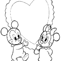 Desenho de Mickey e Minnie baby com coração para colorir
