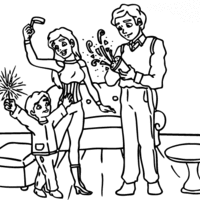 Desenho de Família celebrando Ano Novo para colorir