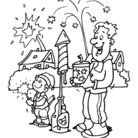 Desenho de Pai e filho soltando fogos de artifício para colorir