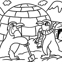 Desenho de Iglu e pinguins para colorir