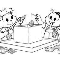 Desenho de Monica e Cebolinha na pescaria para colorir