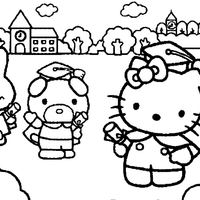 Desenho de Hello Kitty e amigos na formatura para colorir
