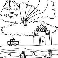 Desenho de Paraquedas sobrevoando cidade para colorir