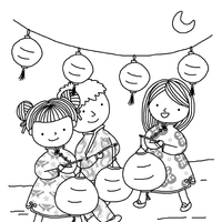Desenho de Meninas colocando lâmpadas japonesas na festa para colorir