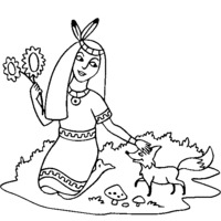 Desenho de Mulher indígena e raposa para colorir