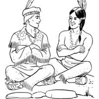 Desenho de Índio e homem branco sentados para colorir