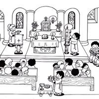 Desenho de Fiéis reunidos na igreja para colorir