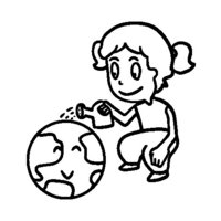 Desenho de Menina regando Planeta Terra para colorir