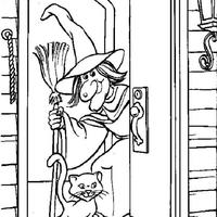 Desenho de Bruxa na porta de casa para colorir