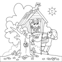 Desenho de Meninas brincando na casa da árvore para colorir