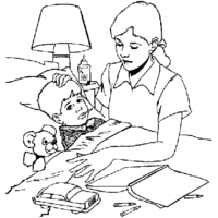 Desenho de Mãe cuidando de filho no hospital para colorir