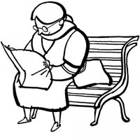 Desenho de Senhora lendo jornal no banco da praça para colorir