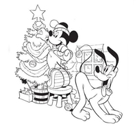Desenho de Mickey e Pluto montando pinheiro de Natal para colorir