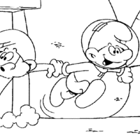 Desenho de Smurf astronauta puxando Papai Smurf para colorir