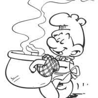 Desenho de Smurf cozinheiro fazendo caldeirão de sopa para colorir