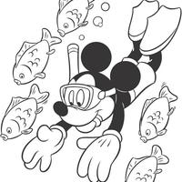 Desenho de Mickey mergulhando com peixinhos para colorir
