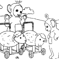 Desenho de Teletubbies brincando com carneirinho para colorir