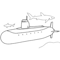 Desenho de Submarino e tubarões para colorir
